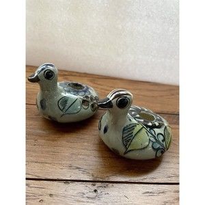 Set of 2 Tonala Mexican Pottery Hand Painted Bird Candle Holders Folk Art Signed
